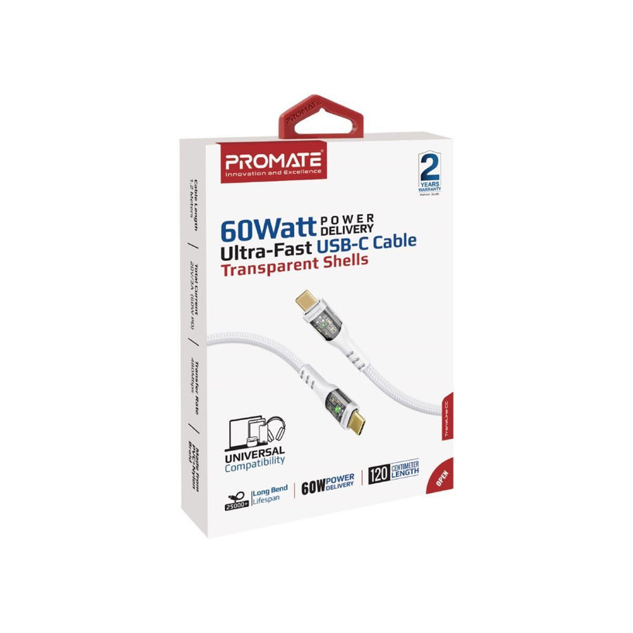 Promate TRANSLINE-CC.WHT 60W PD – 480Mbps USB-C-Kabel – 1,2m – Weiß