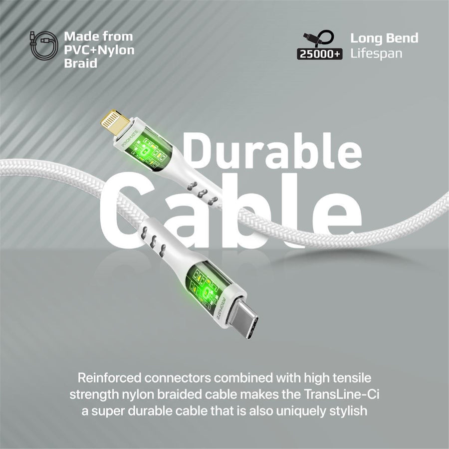 Promate  TRANSLINE-CI.WHT 27W PD - 480Mbps USB-C to Lightning Cable - 1.2m - White