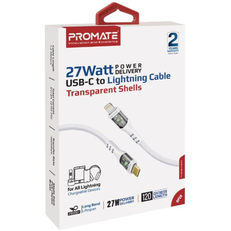 Promate  TRANSLINE-CI.WHT 27W PD - 480Mbps USB-C to Lightning Cable - 1.2m - White