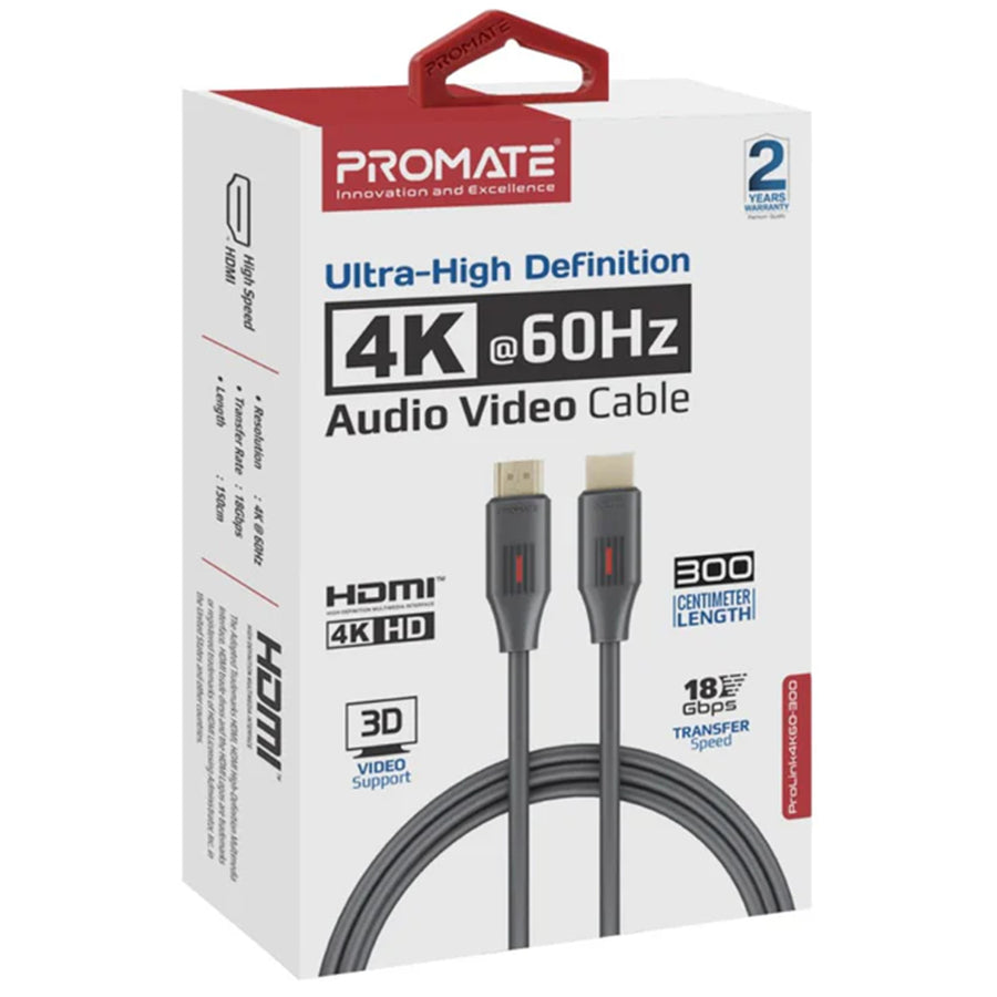 Promate  PROLINK4K60-3M HDMI 2.0 - 4K 60Hz HDMI Cable - 3m - Black