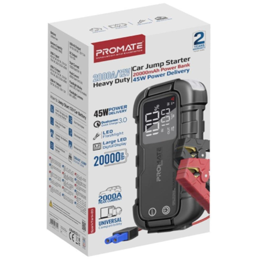 Promate SPARKTANK-20 - 2000A/12V Heavy Duty Car Jump Starter w/ Power Bank. 20000mAh Power Bank 280lm LED