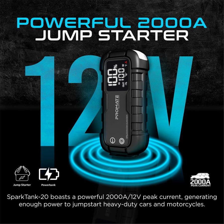 Promate SPARKTANK-20 - 2000A/12V Heavy Duty Car Jump Starter w/ Power Bank. 20000mAh Power Bank 280lm LED