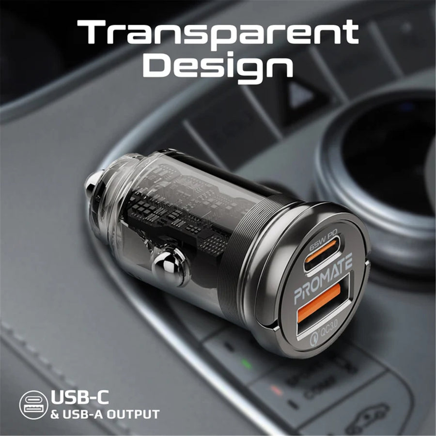 Promate TRANSDRIVE-65W - 65W Quick Charging In-Car Adapter for Tablets & phones 65W PD USB-C