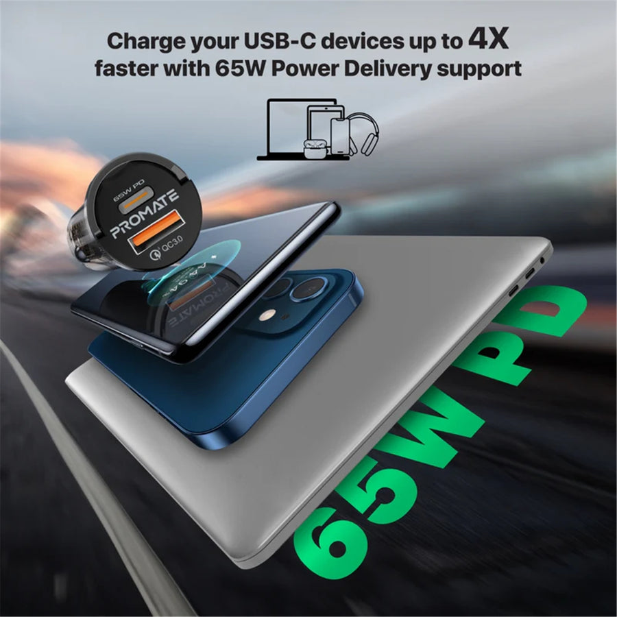 Promate TRANSDRIVE-65W - 65W Quick Charging In-Car Adapter for Tablets & phones 65W PD USB-C
