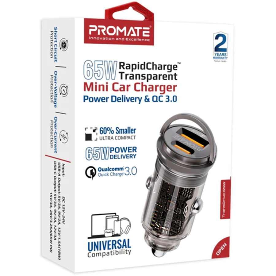Promate TRANSDRIVE-65W - 65W Quick Charging In-Car Adapter for Tablets & phones 65W PD USB-C