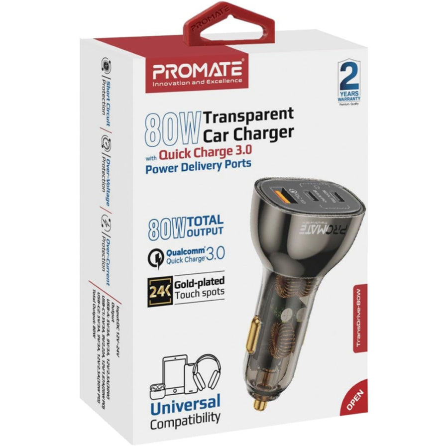 Promate TRANSDRIVE-80W - 80W Quick Charging In-Car Adapter for Tablets & phones. 30W & 20W PD USB-C Ports.