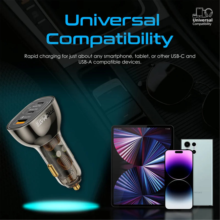 Promate TRANSDRIVE-80W - 80W Quick Charging In-Car Adapter for Tablets & phones. 30W & 20W PD USB-C Ports.