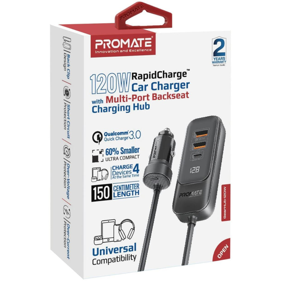 Promate   120W In-Car Device Charger with Backseat 3 Port Charging Hub