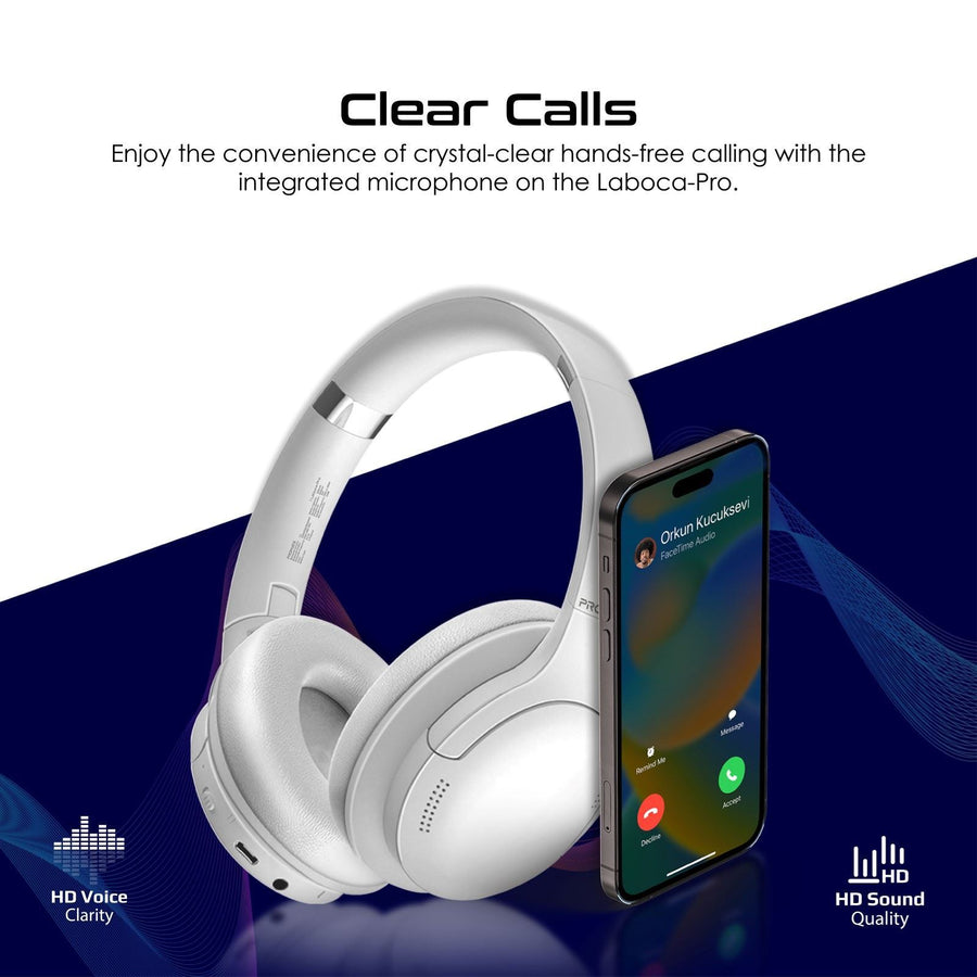 Promate LABOCA-PRO-WHT - High-Fidelity Stereo Deep Base Bluetooth Headphones. Up to 24 Hours Playing Time