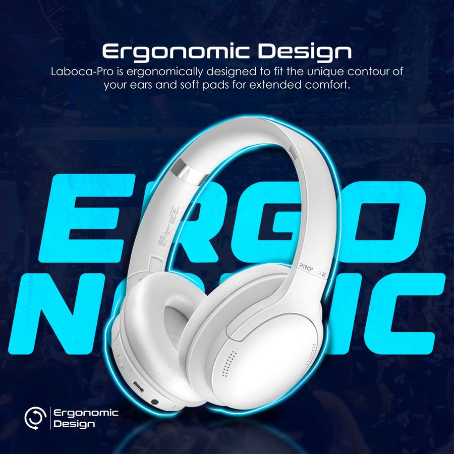 Promate LABOCA-PRO-WHT - High-Fidelity Stereo Deep Base Bluetooth Headphones. Up to 24 Hours Playing Time