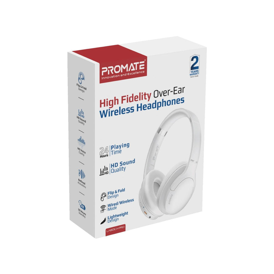 Promate LABOCA-PRO-WHT - High-Fidelity Stereo Deep Base Bluetooth Headphones. Up to 24 Hours Playing Time