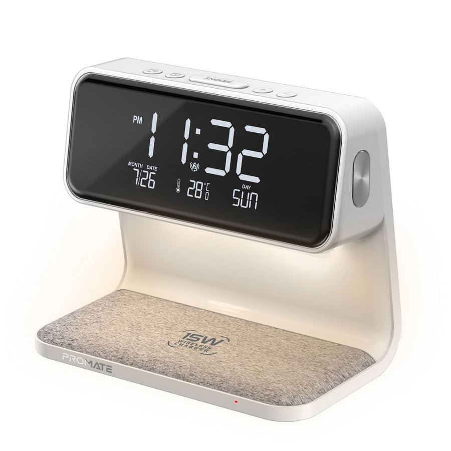 Promate LUMIX-15W - 3-in-1 Multi-Function LED Alarm Clock w/ 15W Wireless Charger