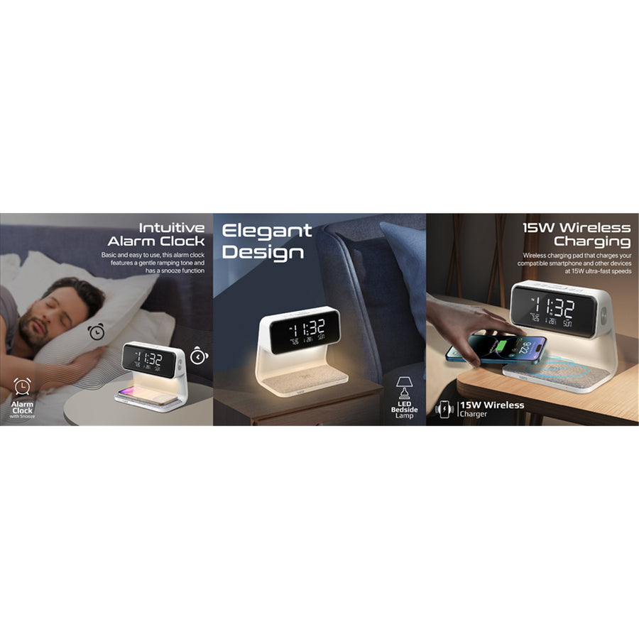 Promate LUMIX-15W - 3-in-1 Multi-Function LED Alarm Clock w/ 15W Wireless Charger