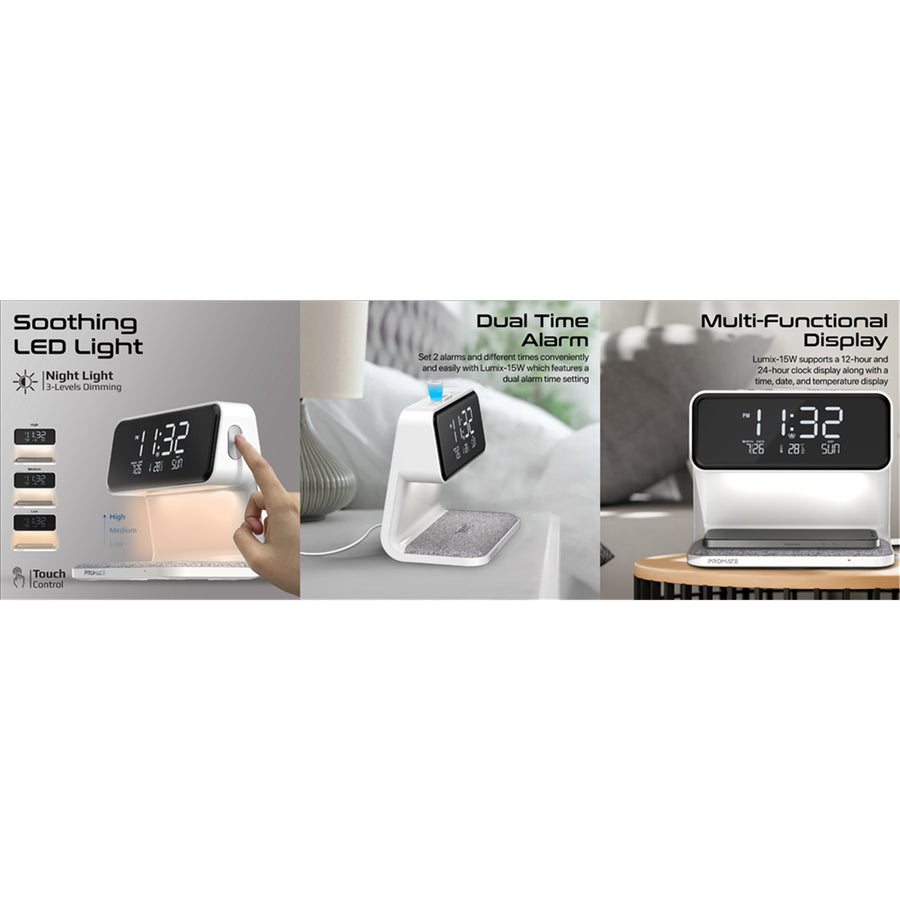 Promate LUMIX-15W - 3-in-1 Multi-Function LED Alarm Clock w/ 15W Wireless Charger