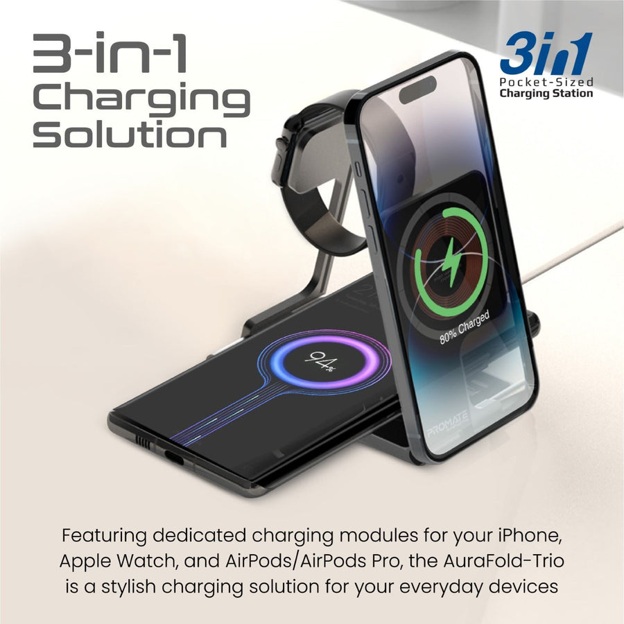 Promate AURAFOLD-TRIO 3-in-1 Ultra-Slim Foldable 15W Magsafe Wireless Charging Station. 3W Apple WatchCharger.5WAirpods Wireless Charger. Pocket-Sized Foldable Design. Includes 1m Cable. USB-C Port.