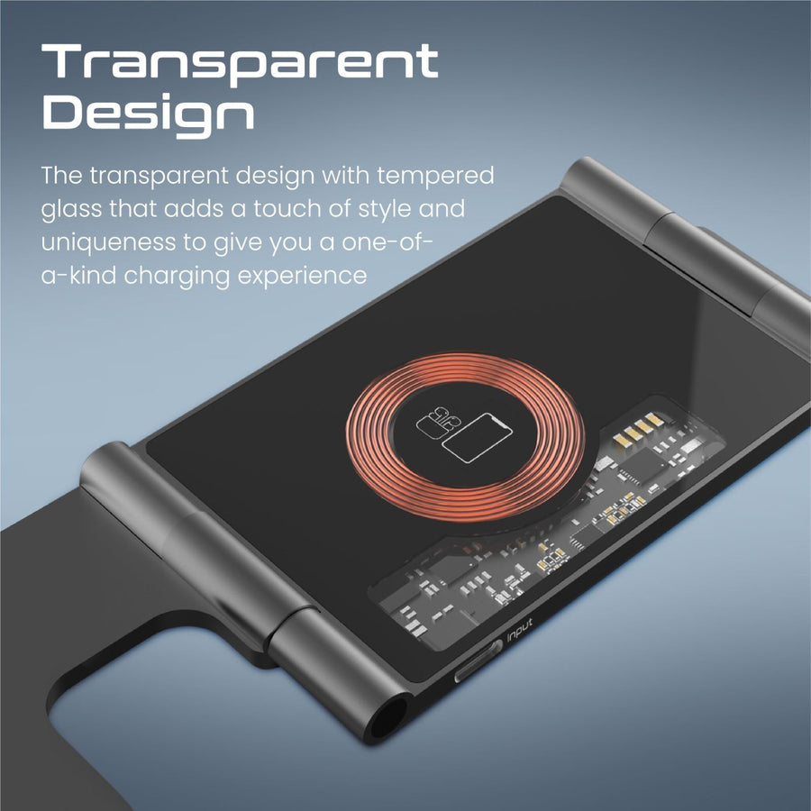 Promate AURAFOLD-TRIO 3-in-1 Ultra-Slim Foldable 15W Magsafe Wireless Charging Station. 3W Apple WatchCharger.5WAirpods Wireless Charger. Pocket-Sized Foldable Design. Includes 1m Cable. USB-C Port.