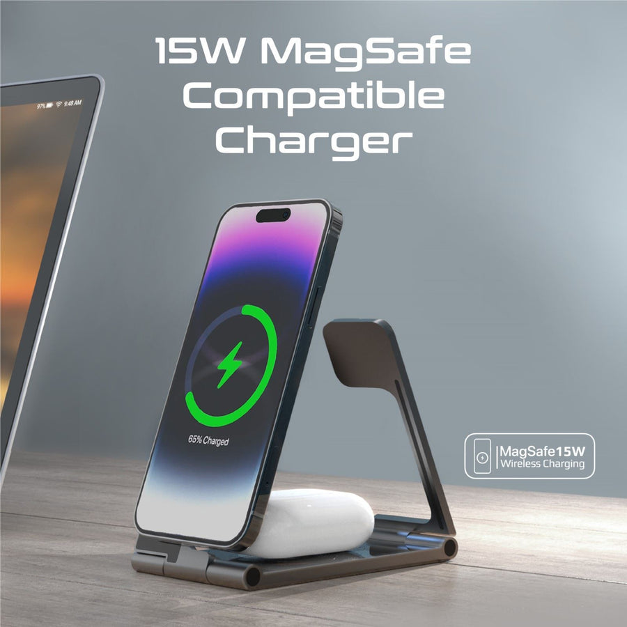 Promate AURAFOLD-TRIO 3-in-1 Ultra-Slim Foldable 15W Magsafe Wireless Charging Station. 3W Apple WatchCharger.5WAirpods Wireless Charger. Pocket-Sized Foldable Design. Includes 1m Cable. USB-C Port.