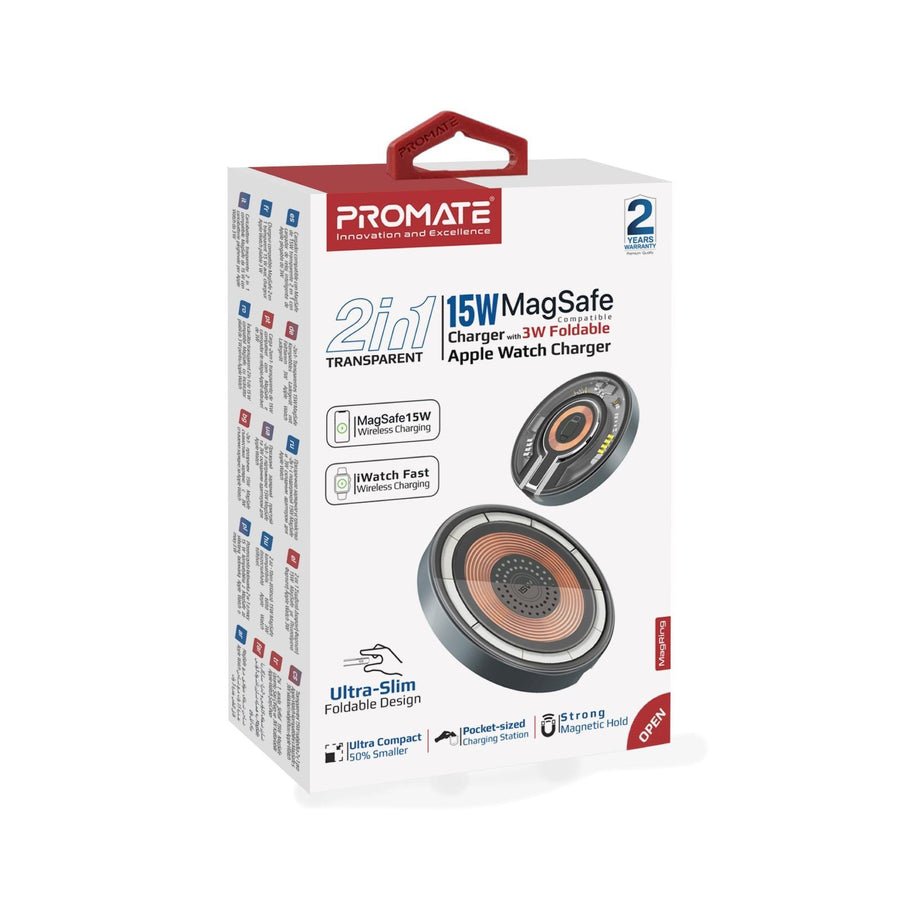 Promate MAGRING - 2-in-1 Pocket-Sized 15W Magsafe Wireless Charging Station. 3W Apple Watch