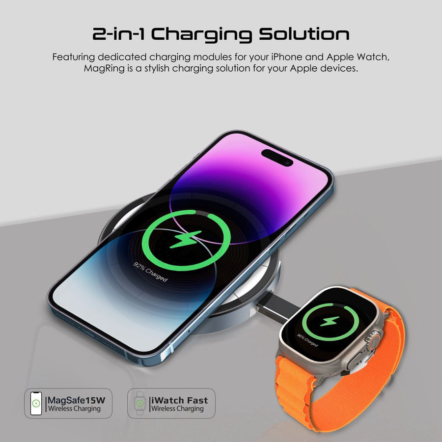 Promate MAGRING - 2-in-1 Pocket-Sized 15W Magsafe Wireless Charging Station. 3W Apple Watch