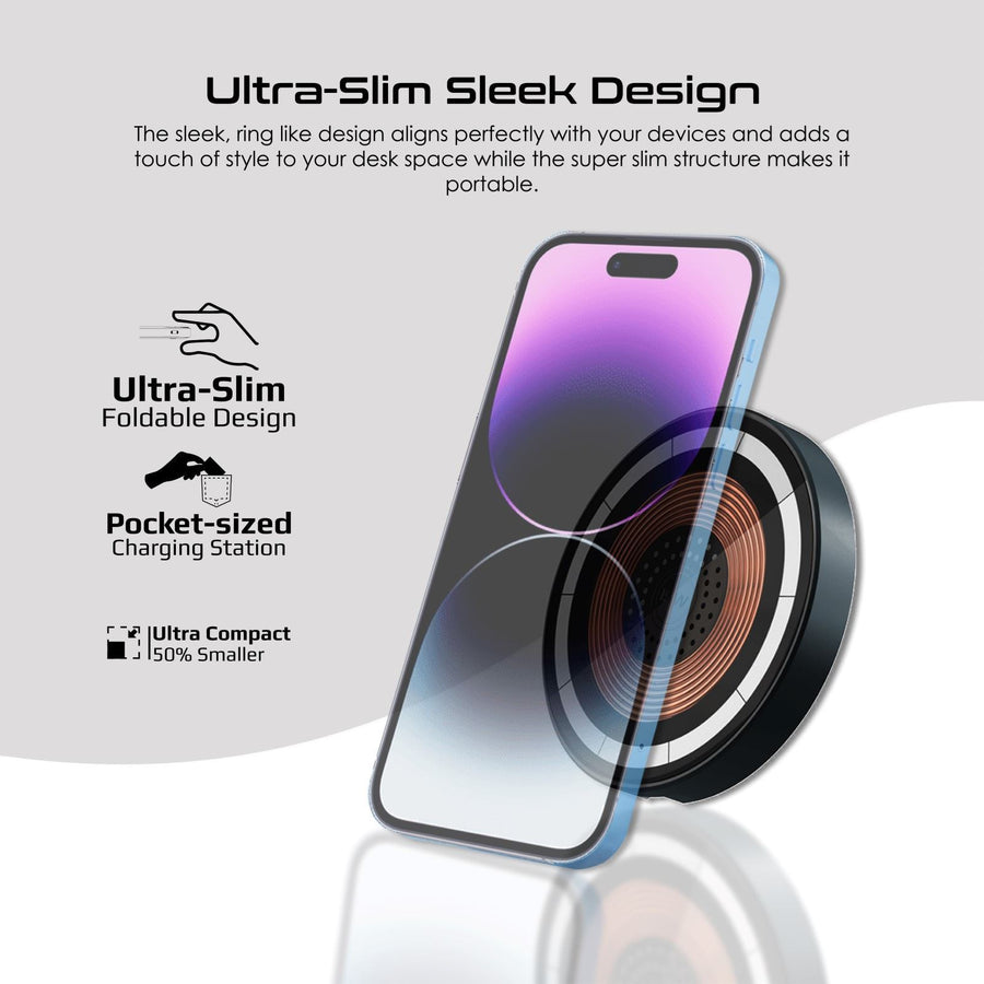 Promate MAGRING - 2-in-1 Pocket-Sized 15W Magsafe Wireless Charging Station. 3W Apple Watch