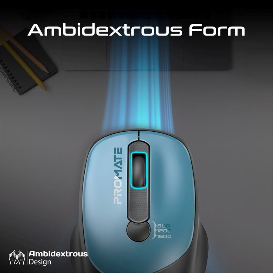Promate UNIGLIDE-BL - EZGrip Ambidextrous Ergonomic Wireless Mouse. 800/1200/1600Dpi Plug & Play