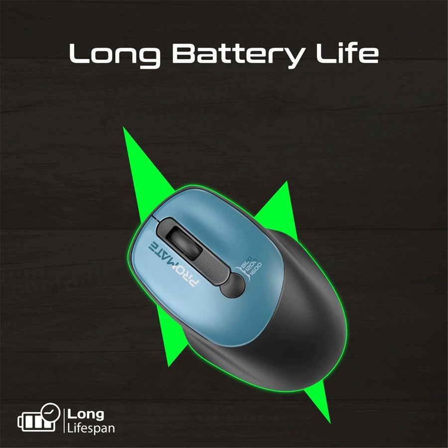 Promate UNIGLIDE-BL - EZGrip Ambidextrous Ergonomic Wireless Mouse. 800/1200/1600Dpi Plug & Play