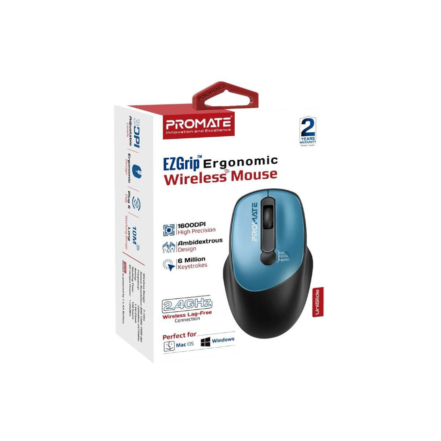 Promate UNIGLIDE-BL - EZGrip Ambidextrous Ergonomic Wireless Mouse. 800/1200/1600Dpi Plug & Play