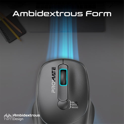 Promate  EZGrip Ambidextrous Ergonomic Wireless Mouse - Black