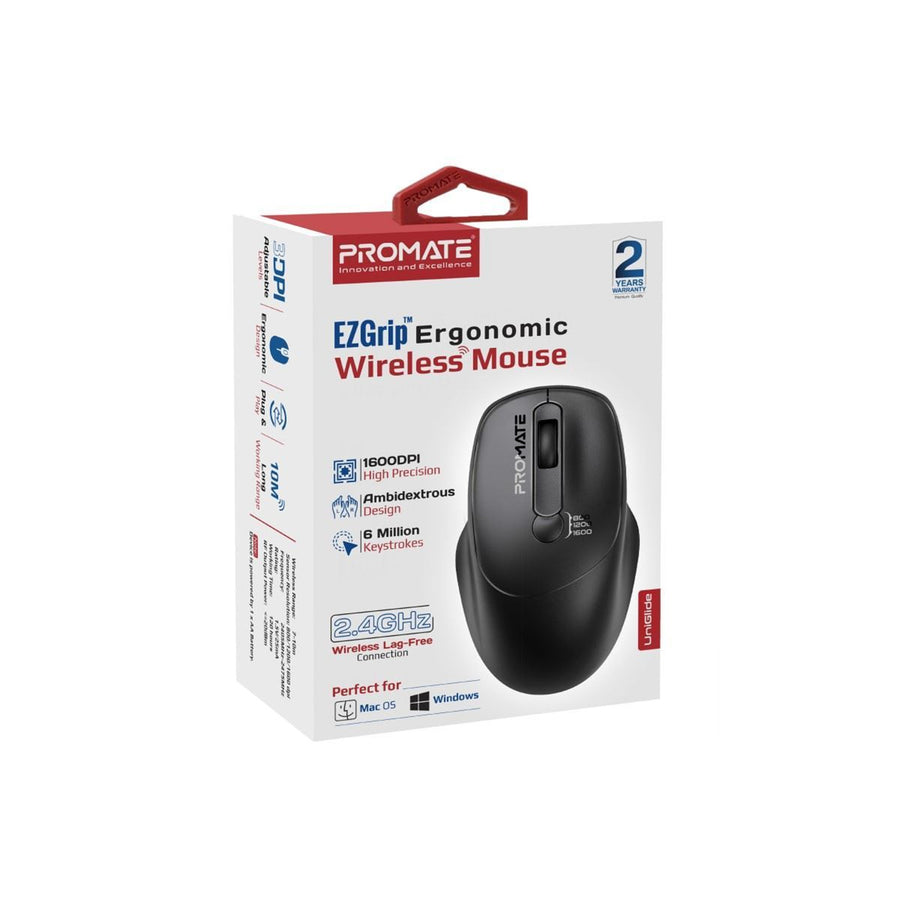 Promate  EZGrip Ambidextrous Ergonomic Wireless Mouse - Black