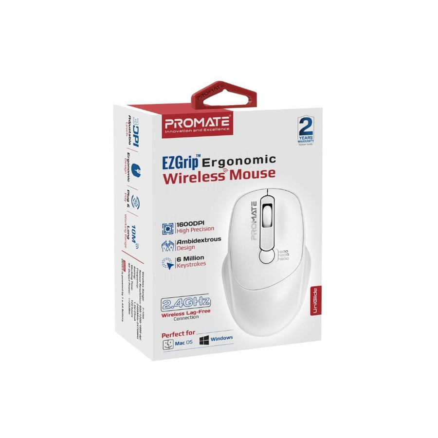 Promate  EZGrip Ambidextrous Ergonomic Wireless Mouse - White