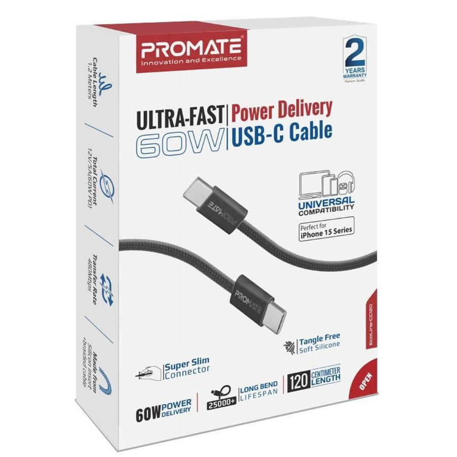 Promate  ECOLINE-CC120 60W PD - 480Mbps USB-C Cable - 1.2m - Black
