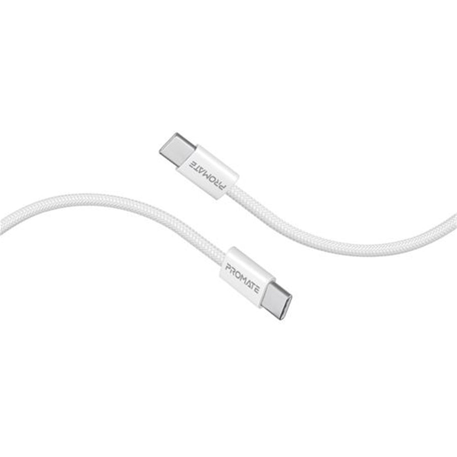 Promate ECOLINE-CC120-WH - 1.2m USB-C to USB-C Cable w/ Fabric Braided Cable Supports 60W PD. White