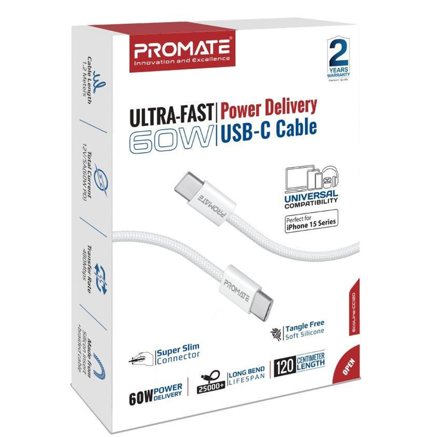 Promate ECOLINE-CC120-WH - 1.2m USB-C to USB-C Cable w/ Fabric Braided Cable Supports 60W PD. White