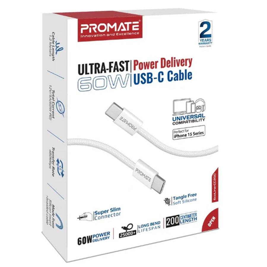 Promate  ECOLINE-CC200 60W PD - 480Mbps USB-C Cable - 2m - White