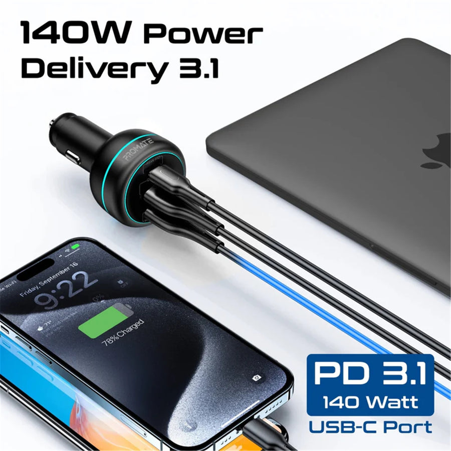 Promate  POWERDRIVE-230 230W Rapid Charge Car Charger with Dual PD & QC Ports