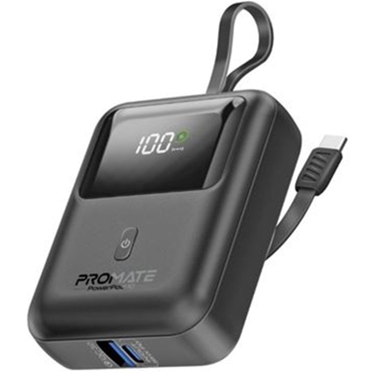 Promate POWERPOD-10-BLK - 10000mAh Ultra Compact 35W SuperSpeed Power Bank Built-in USB-C & Lightning Cables. 35W