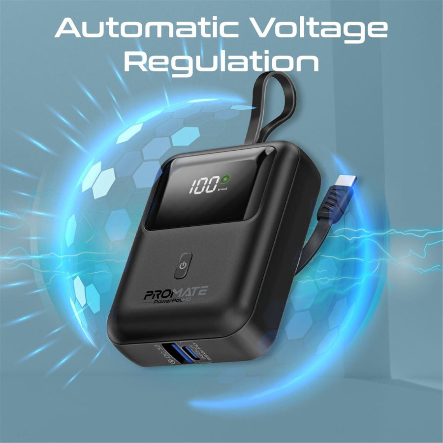 Promate POWERPOD-10-BLK - 10000mAh Ultra Compact 35W SuperSpeed Power Bank Built-in USB-C & Lightning Cables. 35W