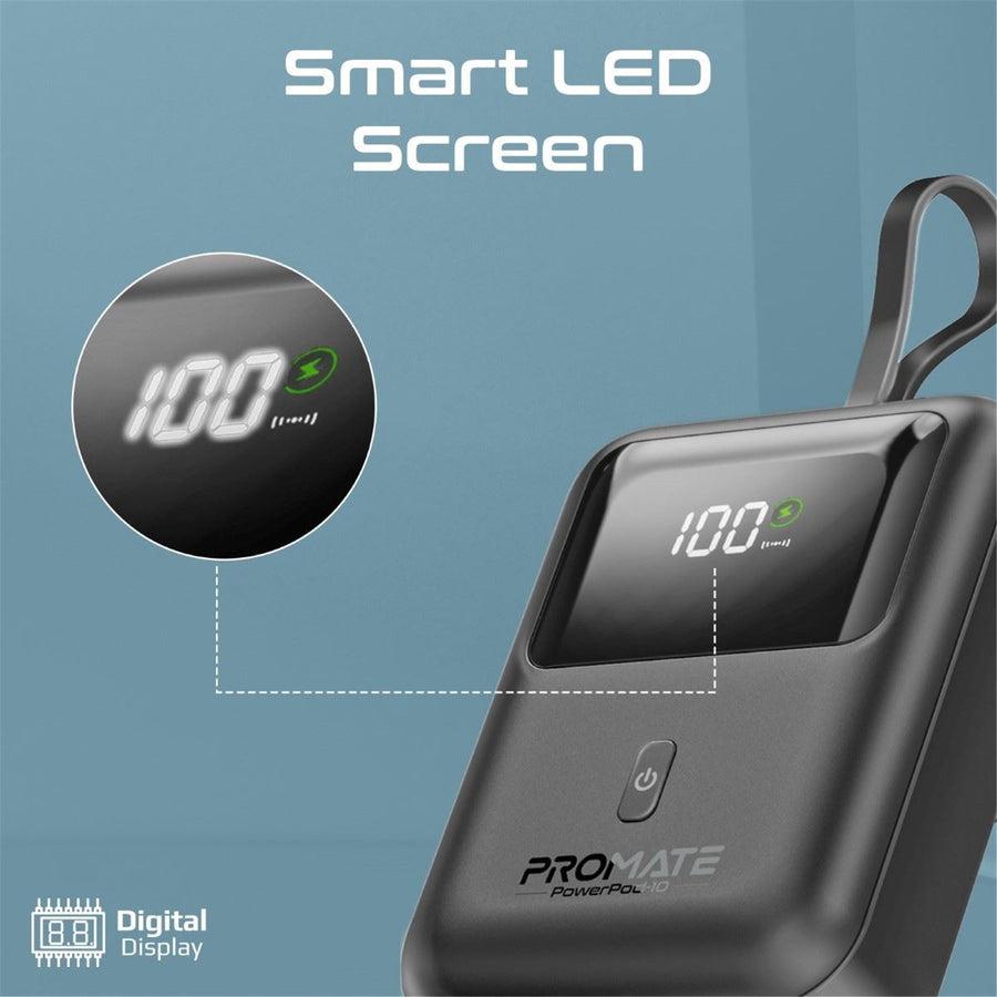 Promate POWERPOD-10-BLK - 10000mAh Ultra Compact 35W SuperSpeed Power Bank Built-in USB-C & Lightning Cables. 35W