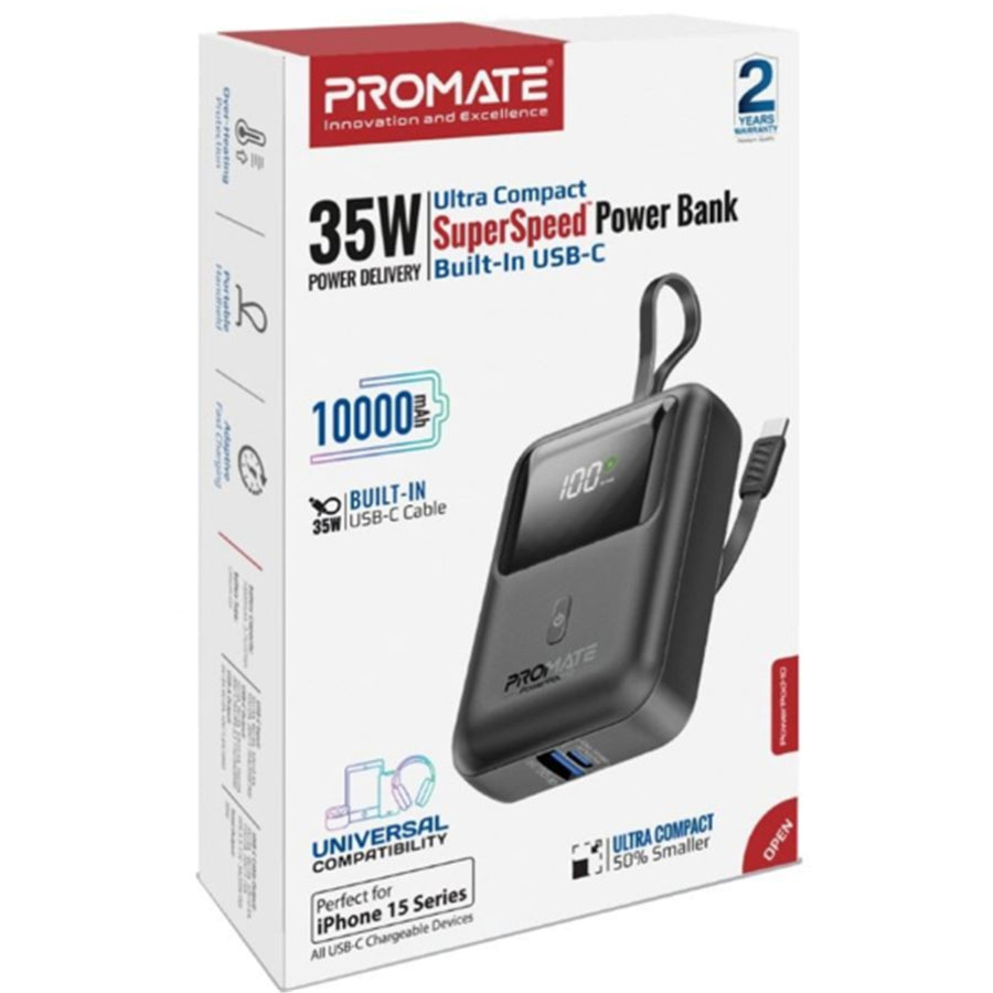 Promate POWERPOD-10-BLK - 10000mAh Ultra Compact 35W SuperSpeed Power Bank Built-in USB-C & Lightning Cables. 35W