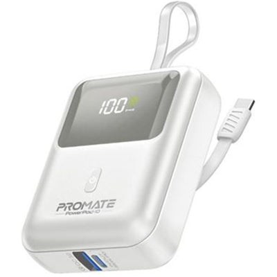 Promate POWERPOD-10-WHT - 10000mAh Ultra Compact 35W SuperSpeed Power Bank Built-in USB-C & Lightning Cables. 35W
