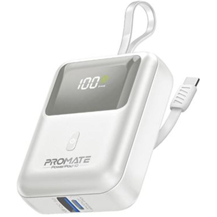 Promate POWERPOD-10-WHT - 10000mAh Ultra Compact 35W SuperSpeed Power Bank Built-in USB-C & Lightning Cables. 35W