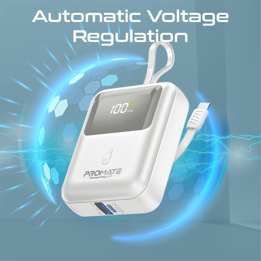 Promate POWERPOD-10-WHT - 10000mAh Ultra Compact 35W SuperSpeed Power Bank Built-in USB-C & Lightning Cables. 35W