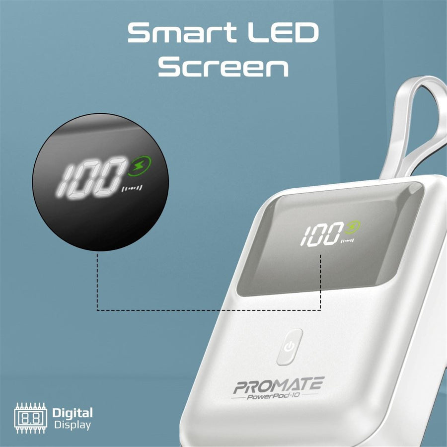 Promate POWERPOD-10-WHT - 10000mAh Ultra Compact 35W SuperSpeed Power Bank Built-in USB-C & Lightning Cables. 35W