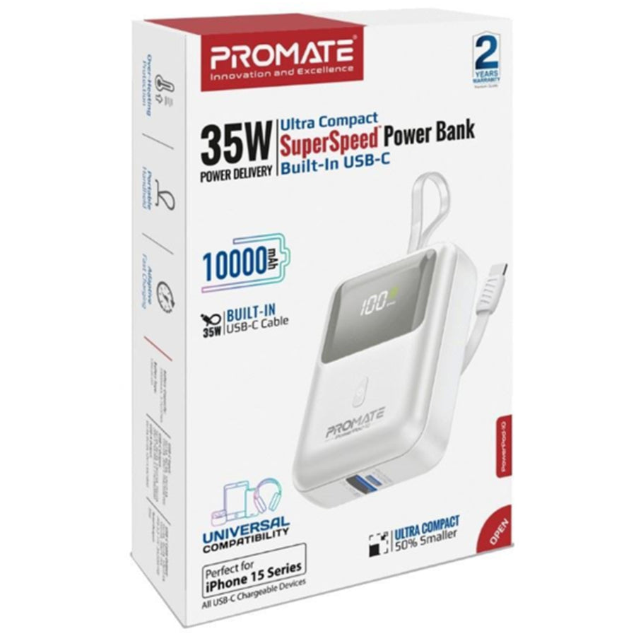 Promate POWERPOD-10-WHT - 10000mAh Ultra Compact 35W SuperSpeed Power Bank Built-in USB-C & Lightning Cables. 35W