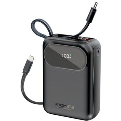 Promate POWERPOD-20-BLK - 20000mAh Ultra Compact 35W SuperSpeed Power Bank Built-in USB-C & Lightning Cables. 35W