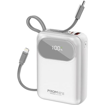 Promate POWERPOD-20-WHT - 20000mAh Ultra Compact 35W SuperSpeed Power Bank Built-in USB-C & Lightning Cables. 35W