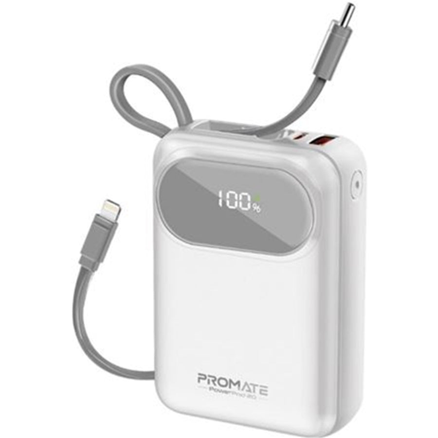 Promate POWERPOD-20-WHT - 20000mAh Ultra Compact 35W SuperSpeed Power Bank Built-in USB-C & Lightning Cables. 35W
