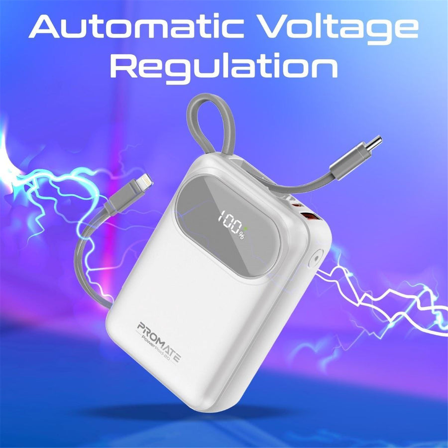 Promate POWERPOD-20-WHT - 20000mAh Ultra Compact 35W SuperSpeed Power Bank Built-in USB-C & Lightning Cables. 35W