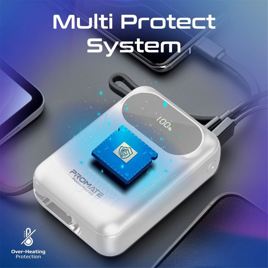 Promate POWERPOD-20-WHT - 20000mAh Ultra Compact 35W SuperSpeed Power Bank Built-in USB-C & Lightning Cables. 35W
