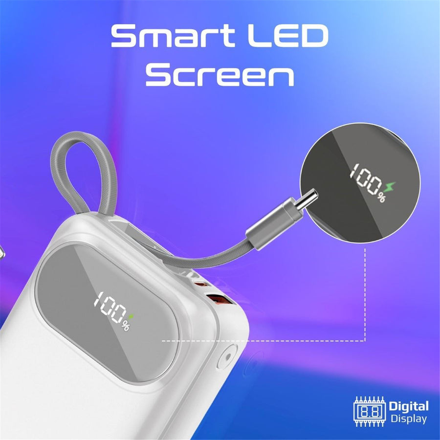 Promate POWERPOD-20-WHT - 20000mAh Ultra Compact 35W SuperSpeed Power Bank Built-in USB-C & Lightning Cables. 35W